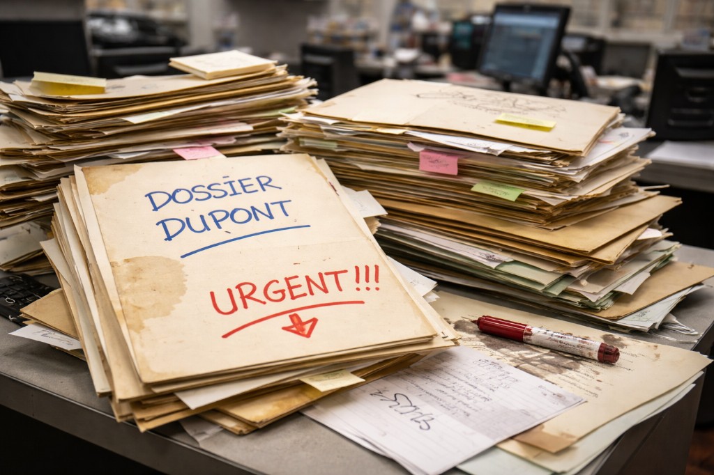 Bureau désorganisé avec dossiers annotés au feutre